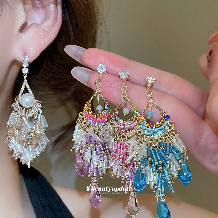 银针镶钻锆石水滴流苏水晶重工耳环法式宫廷风耳钉轻奢高级感耳饰,饰品/流行首饰/时尚饰品新,耳环,淘宝优惠券,粉丝福利购,淘宝优惠卷