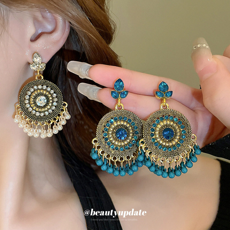 民族风镶钻水滴流苏耳钉女复古小众旅行设计感耳环轻奢高级感耳饰