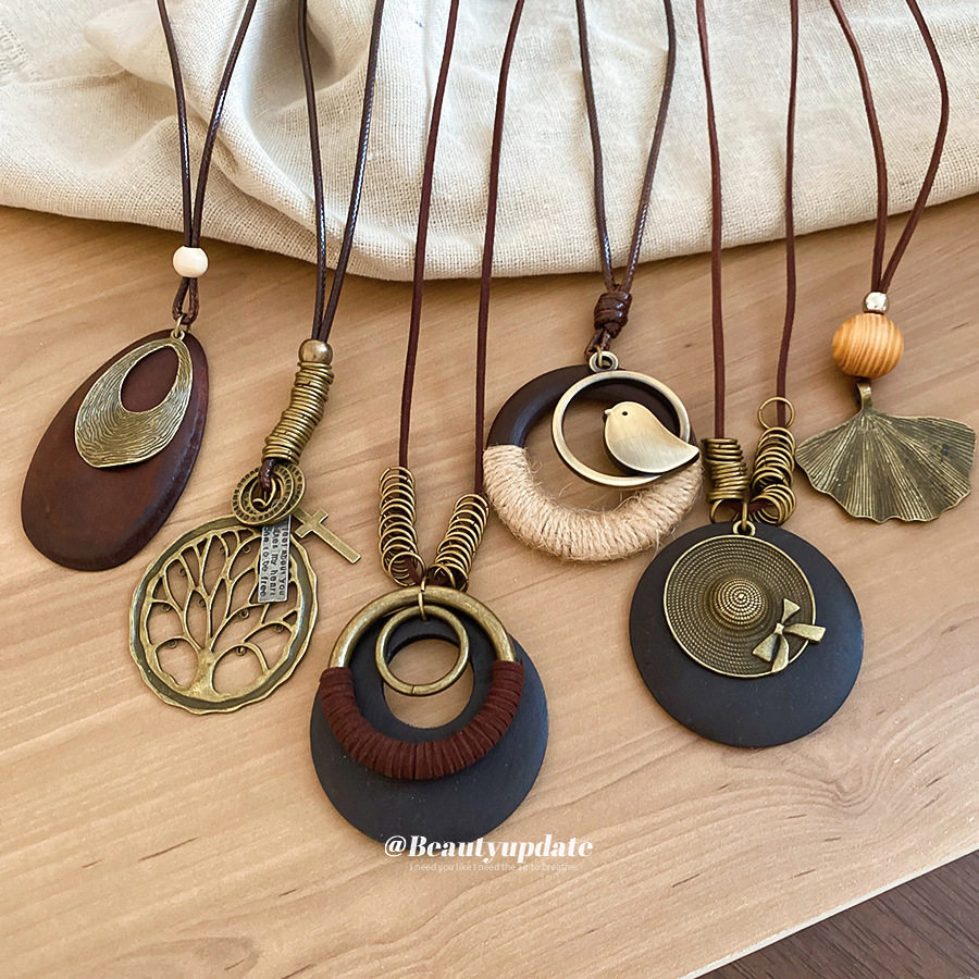 木头圆形帽子水滴形树叶吊坠项链复古民族风锁骨链设计感毛衣链女