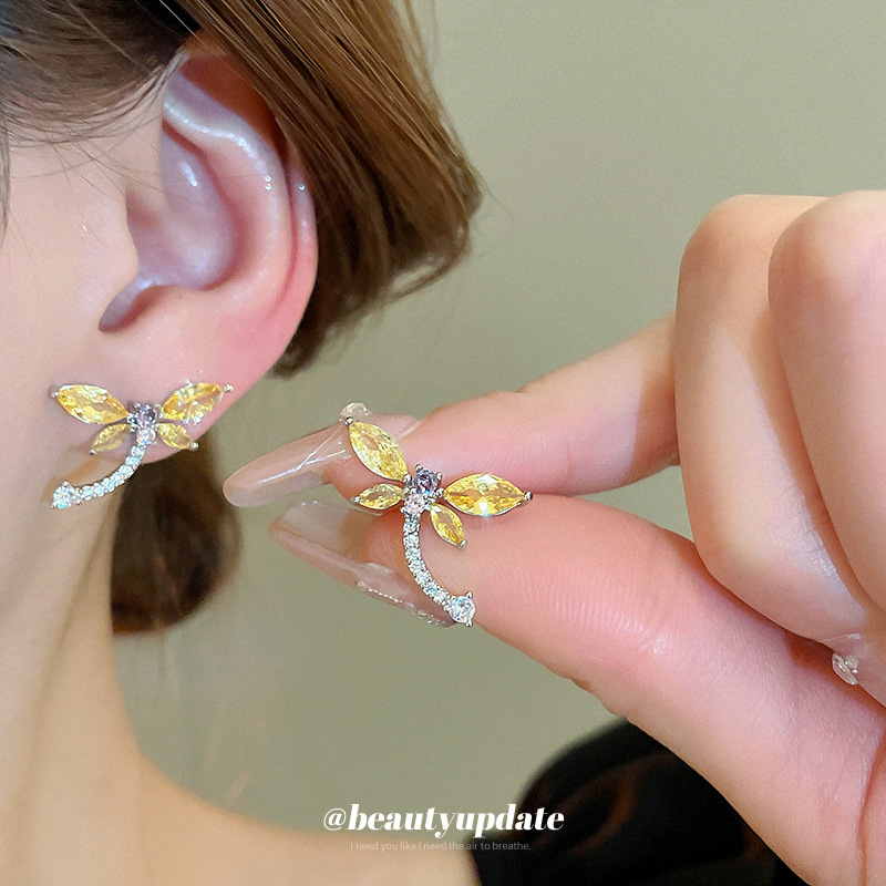 银针创意蜻蜓锆石耳钉简约高级感轻奢风耳环小众新款精致耳饰