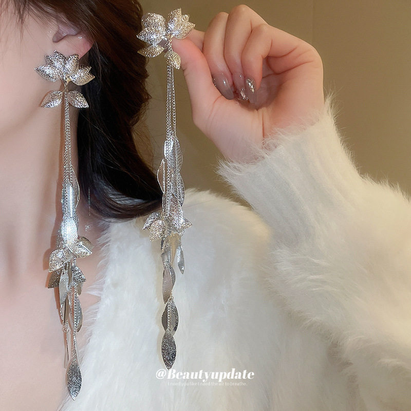 银针跨境金属树叶流苏耳环高级感小众轻奢耳钉女时尚夸张个性耳饰,饰品/流行首饰/时尚饰品新,耳环,淘宝优惠券,粉丝福利购,淘宝优惠卷