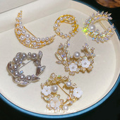 18k真金电镀锆石珍珠贝壳花朵胸针法式 宫廷风别针轻奢感配饰