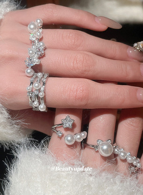 韩系ins锆石珍珠开口戒指冷淡风优雅气质百搭食指戒轻奢小众手饰