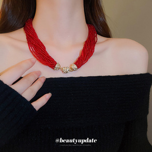夸张设计感多层红色米珠项链个性时尚锁骨链跨境气质氛围感饰品女