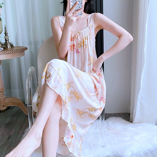 吊带棉绸睡裙女睡衣夏季人造棉绵绸宽松薄款舒适凉感居家服可外穿