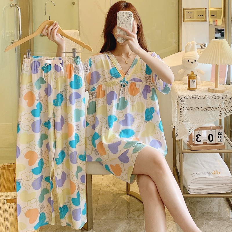 女棉绸短袖长裤睡衣三件套