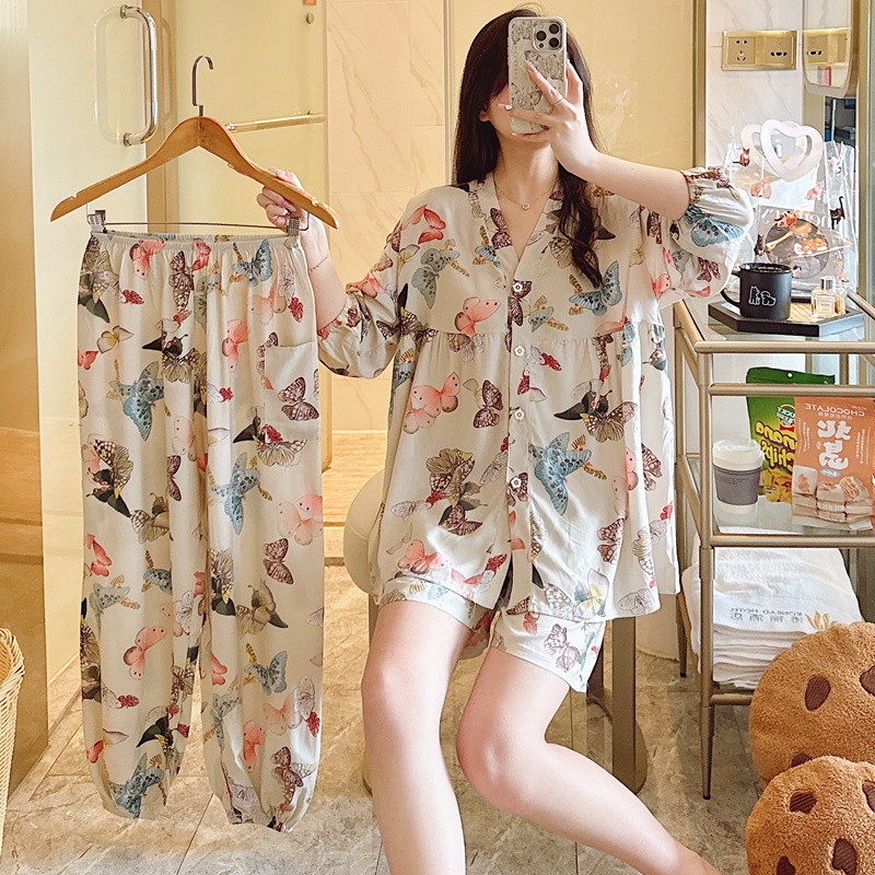 棉绸睡衣女夏短袖短裤人造棉长裤三件套装薄款外穿凉感大码家居服