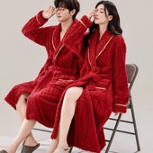 情侣秋冬结婚红色睡袍中长款 女珊瑚绒睡衣厚法兰绒男保暖浴袍晨袍