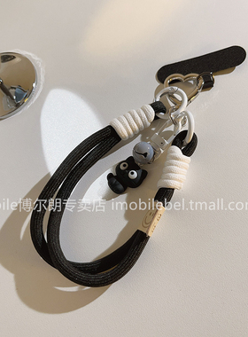 网红ins耐脏黑色手机壳挂链手腕带耐用结实外出手机链尼龙绳学生妹书包挂饰手绳卡通黑猫猫灰铃铛车钥匙挂件