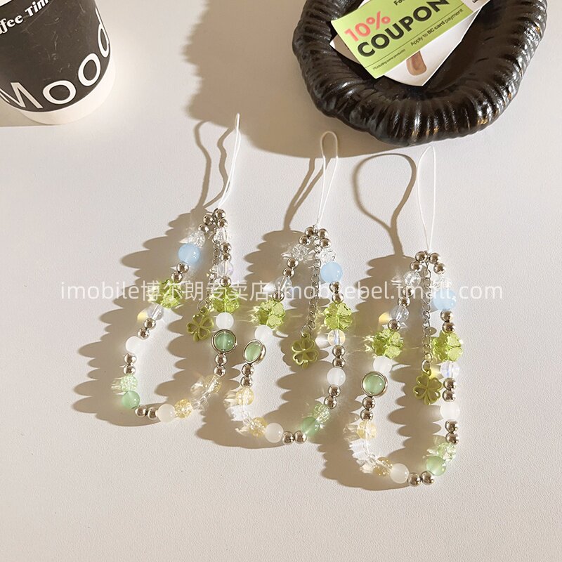 ins夏日绿色四叶草串珠手机百搭手提防丢手机链韩系小清新少女心短款手腕带ccd相机耳机套挂饰便携挂绳防丢G1