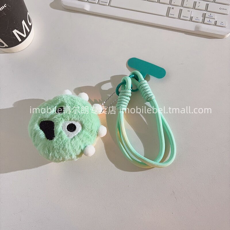 可爱挂饰薄荷绿独眼怪兽毛绒公仔手机挂件尼龙线材手机链短款编织挂绳趣味学生女款百搭钥匙扣ccd便携手腕绳