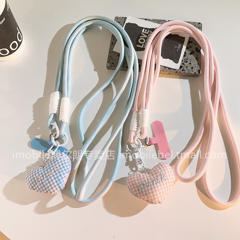 软妹ins少女粉格子充棉爱心手机壳挂坠学生妹手机挂绳长款通用挂脖挂背耐用粉色编织带斜跨绳外出侧身背带式