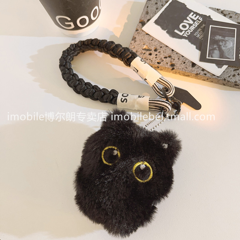超可爱毛茸茸大眼全身黑猫挂件手机壳编织尼龙手绳趣味卡通书包学生挂链百搭ins女车钥匙扣耳机挂链便携手环