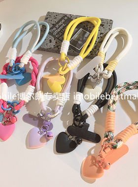 小清新橙色爱心小铃铛手机壳挂绳链条女款混搭色编织带手绳含夹片配饰品手腕带多功能车钥匙相机挂饰品包包链