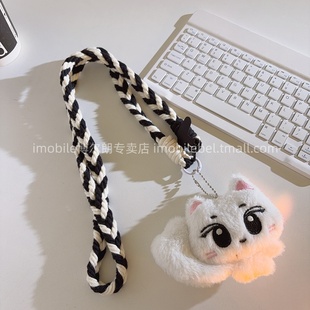 毛绒大拳头白猫咪公仔手机壳挂件趣味ins卡通可爱女款学生包包挂饰户外防丢手机链多功能ccd相机便携斜跨挂绳
