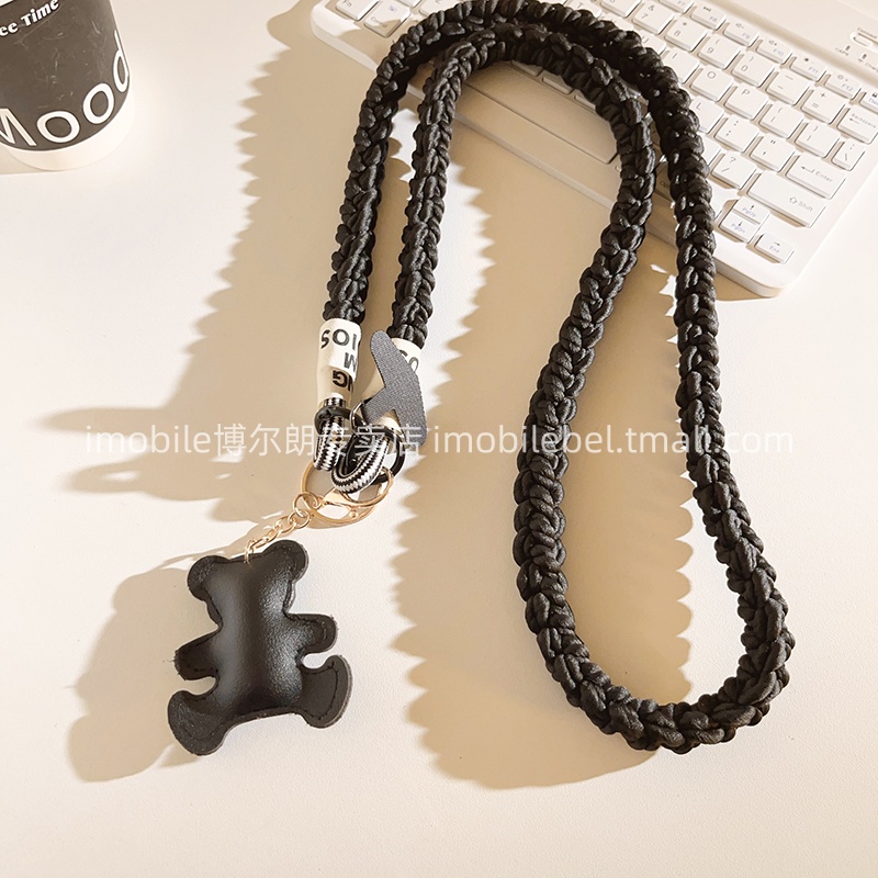 卡通可爱立体黑色皮质小熊钥匙扣吊坠手机壳挂件编织尼龙斜跨长绳学生可爱女款户外结实耐用ccd侧身背带挂脖
