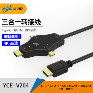 YCE转接头minidp/dp/hd/typec/dvi接口多口转换电脑三合一高清线