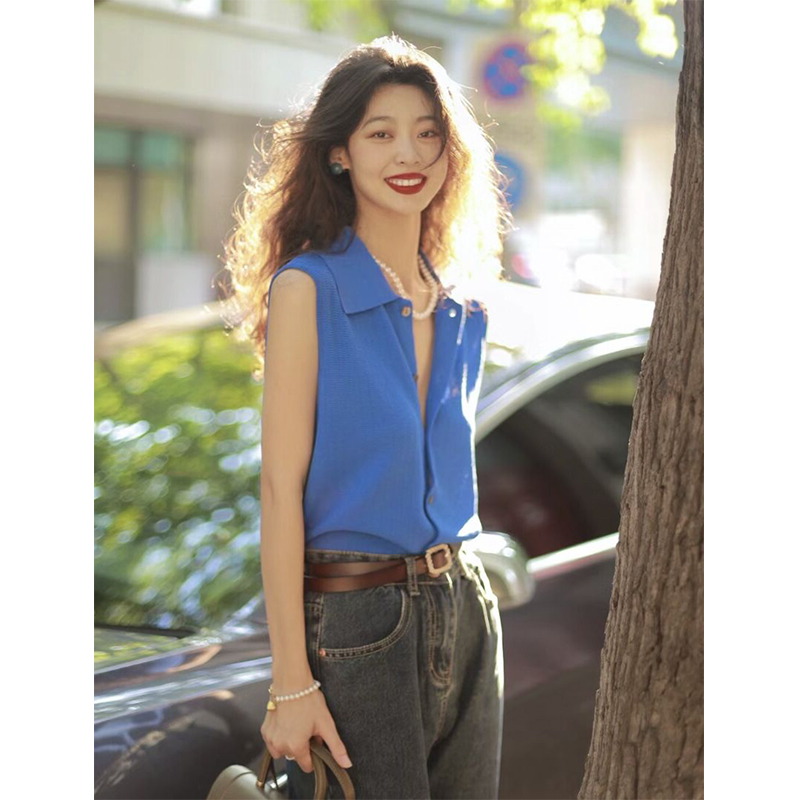 冰丝针织马甲开衫女夏季薄款复古港味克莱因蓝背心polo领无袖上衣