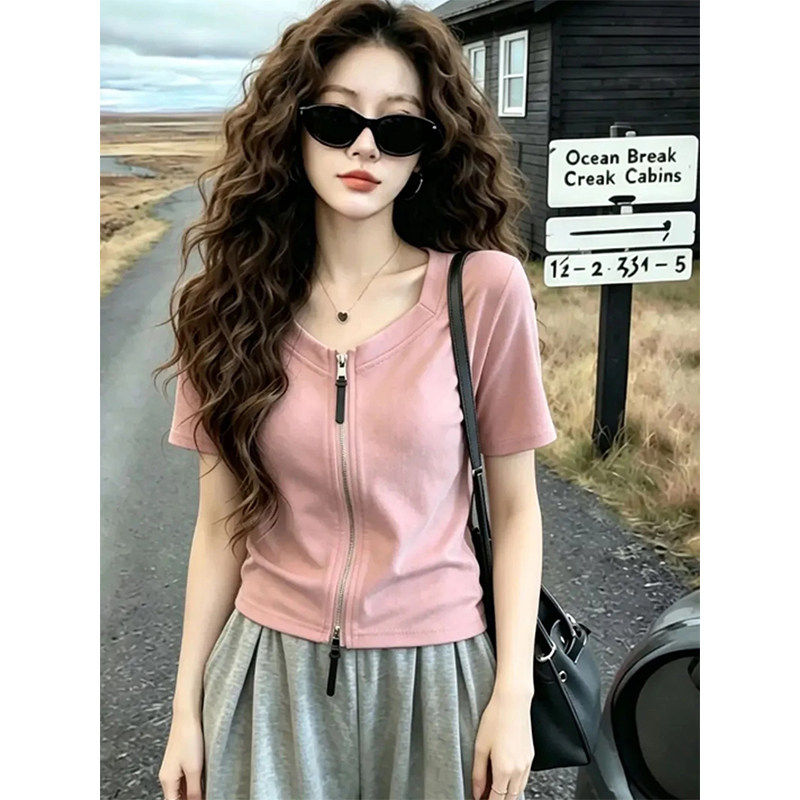 韩系减龄粉色双拉链短袖T恤女装2026夏季新款设计感修身显瘦上衣