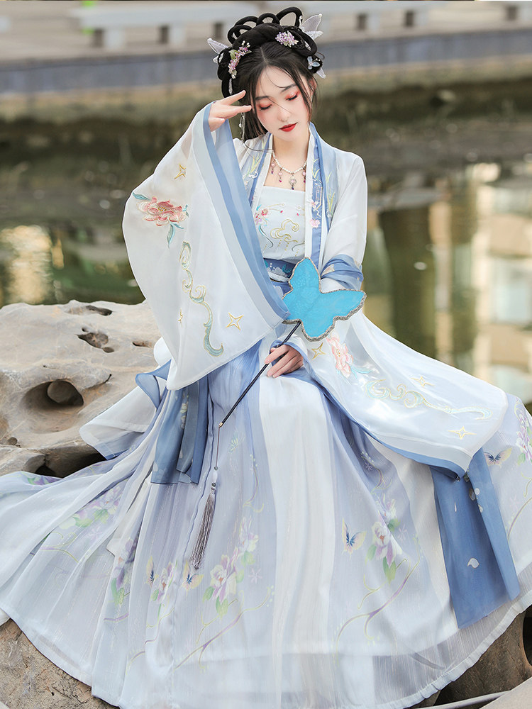 HUAJIANDIE 원래 송나라 HANFU 여성 2024 새로운 가을 허리 길이 개선 대형 소매 셔츠 중국 스타일의 요정 의상