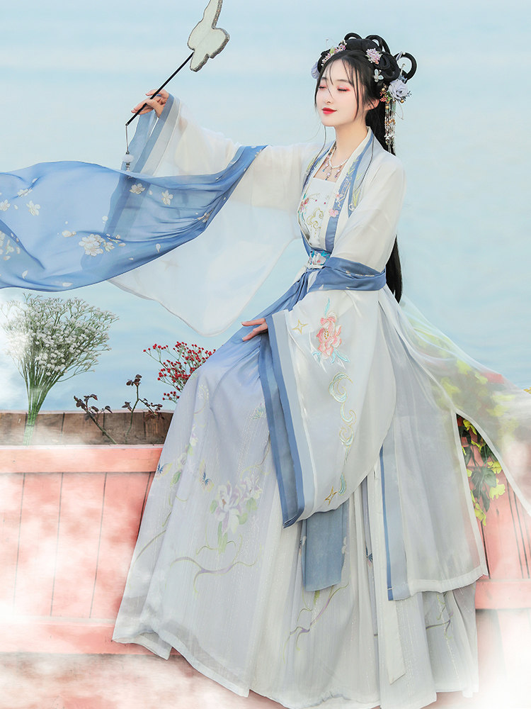 HUAJIANDIE 원래 송나라 HANFU 여성 2024 새로운 가을 허리 길이 개선 대형 소매 셔츠 중국 스타일의 요정 의상