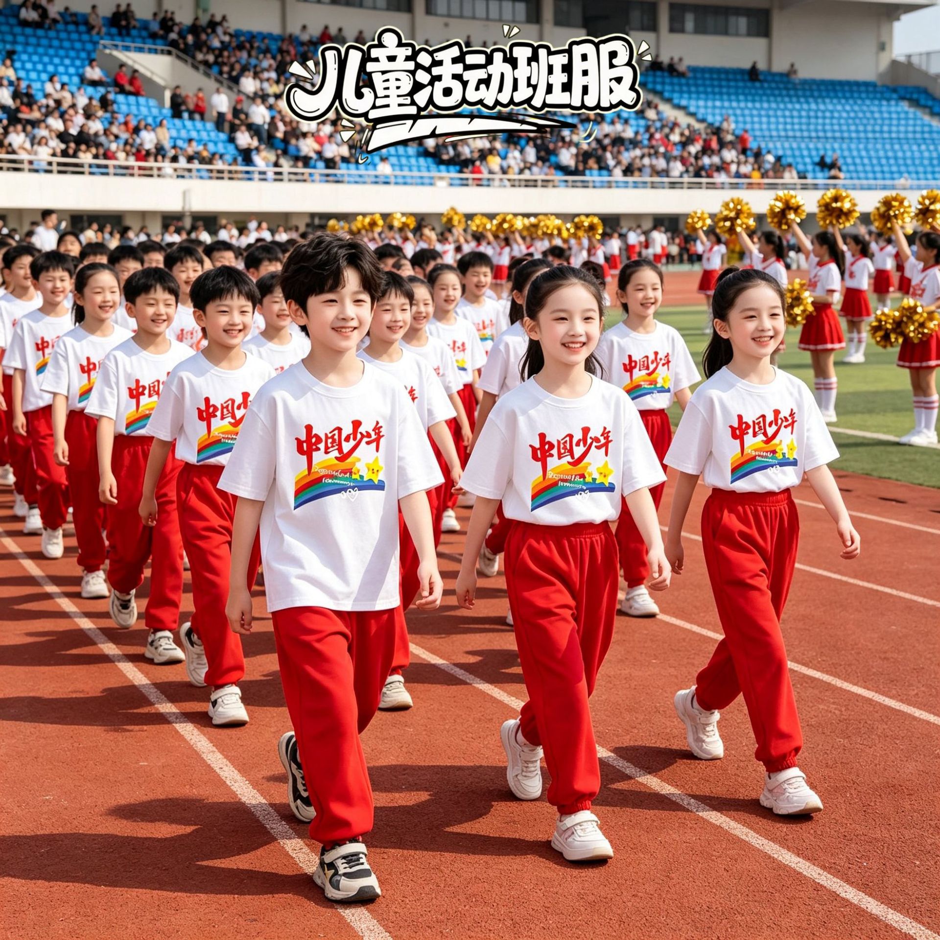 中国少年国庆活动演出服红色儿童短袖T恤套装小学生运动会两件套