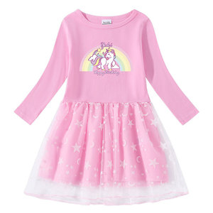 独角兽衣服春秋款女童连衣裙纯棉春装卡通儿童长袖卫衣网纱裙子薄