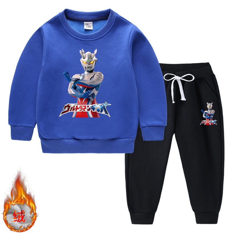 奥特曼衣服男童加绒卫衣秋冬款儿童加厚一体绒套装卡通超人冬装潮