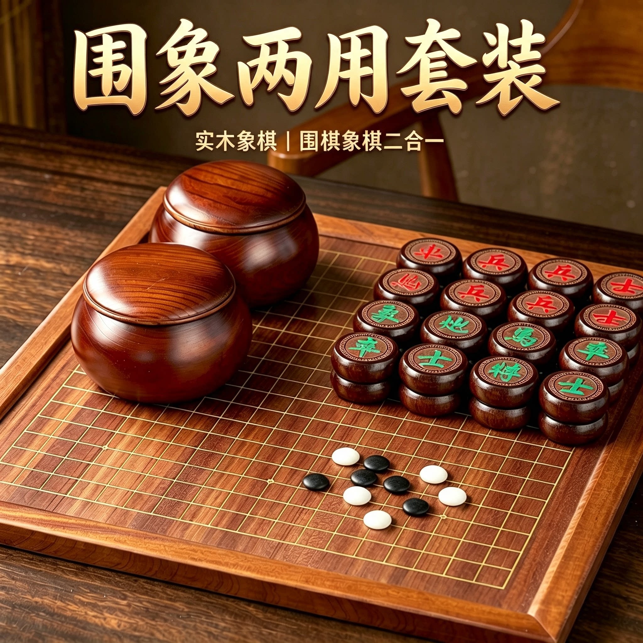 象棋五子棋二合一标准楠竹棋盘成人云子围棋棋盘实木高档围棋送礼
