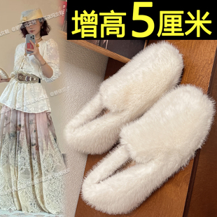 厚底一腳蹬毛毛鞋 豆豆鞋 保暖加絨增高懶人單鞋 女秋冬外穿2025新款