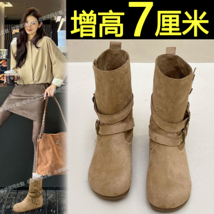内增高厚底中筒靴女2025秋冬新款复古加绒时尚短靴棕色时装勃肯靴