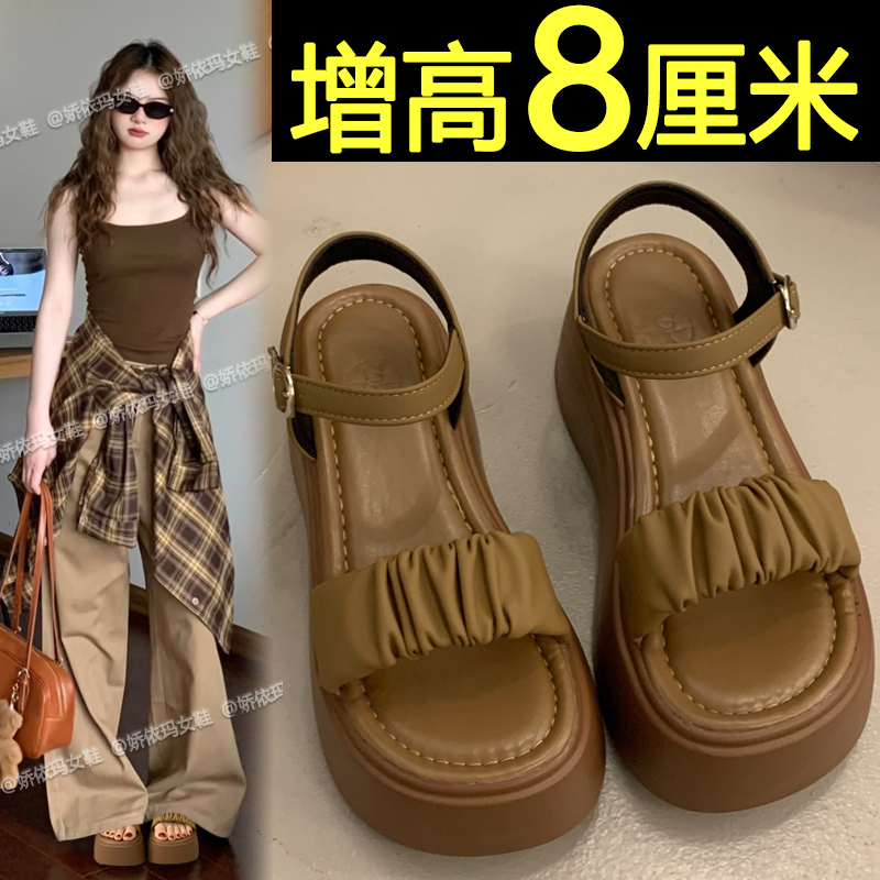 厚底增高凉鞋女夏季外穿2025新款超火时尚高级感沙滩黑色罗马凉鞋