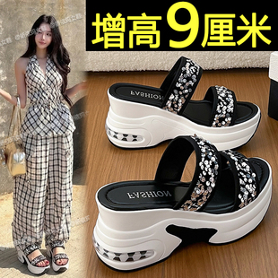 厚底亮片凉拖鞋女2026新款夏季小个子增高百搭配裙子沙滩露趾拖鞋