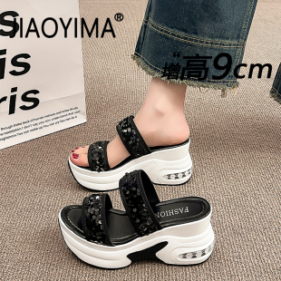 配裙子不累脚坡跟拖鞋 爆款 女外穿2026新款 一字带厚底增高凉拖鞋