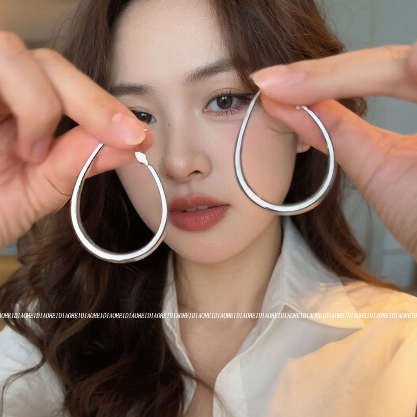 韩国银色素圈水滴耳环女