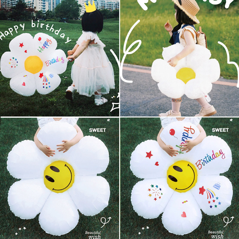 新款韩风白色雏菊太阳花朵铝膜桌飘气球儿童生日派对装饰拍照道具
