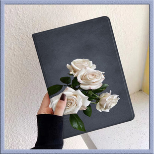 淡雅白玫瑰适用苹果平板ipad2022pro11英寸保护套air4/5带笔槽第九代磁吸三折mini6防摔2018壳air2/3迷你10.9