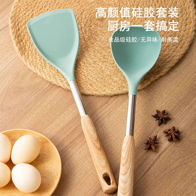 木柄不锈钢锅铲硅胶铲炒菜铲子