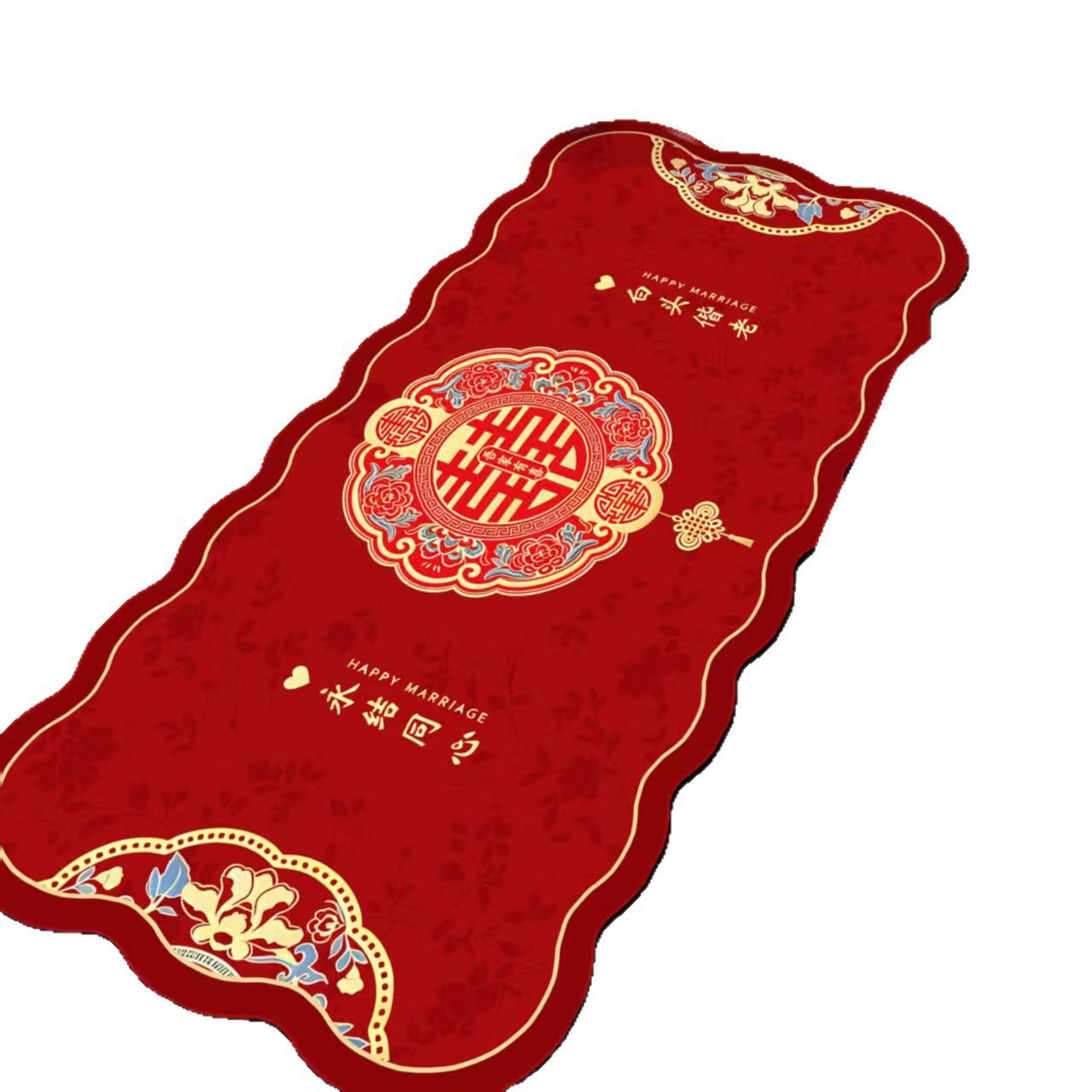新中式结婚床前地毯新婚礼红色喜字水晶绒客厅装饰家用卧室床边毯