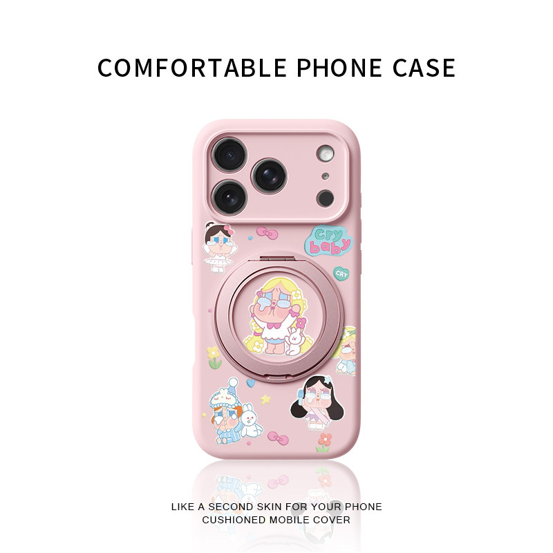 治愈系碎花哭娃适用苹果17promax手机壳新款iphone16pro镜头全包15液态硅胶软壳防摔保护套360°旋转支点壳女