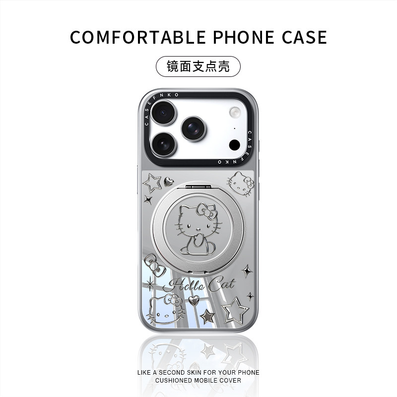 镀银猫咪适用苹果17promax手机壳16pro磁吸支架iphone15高级感14化妆韩系超好看360°旋转支点壳镜面保护套女