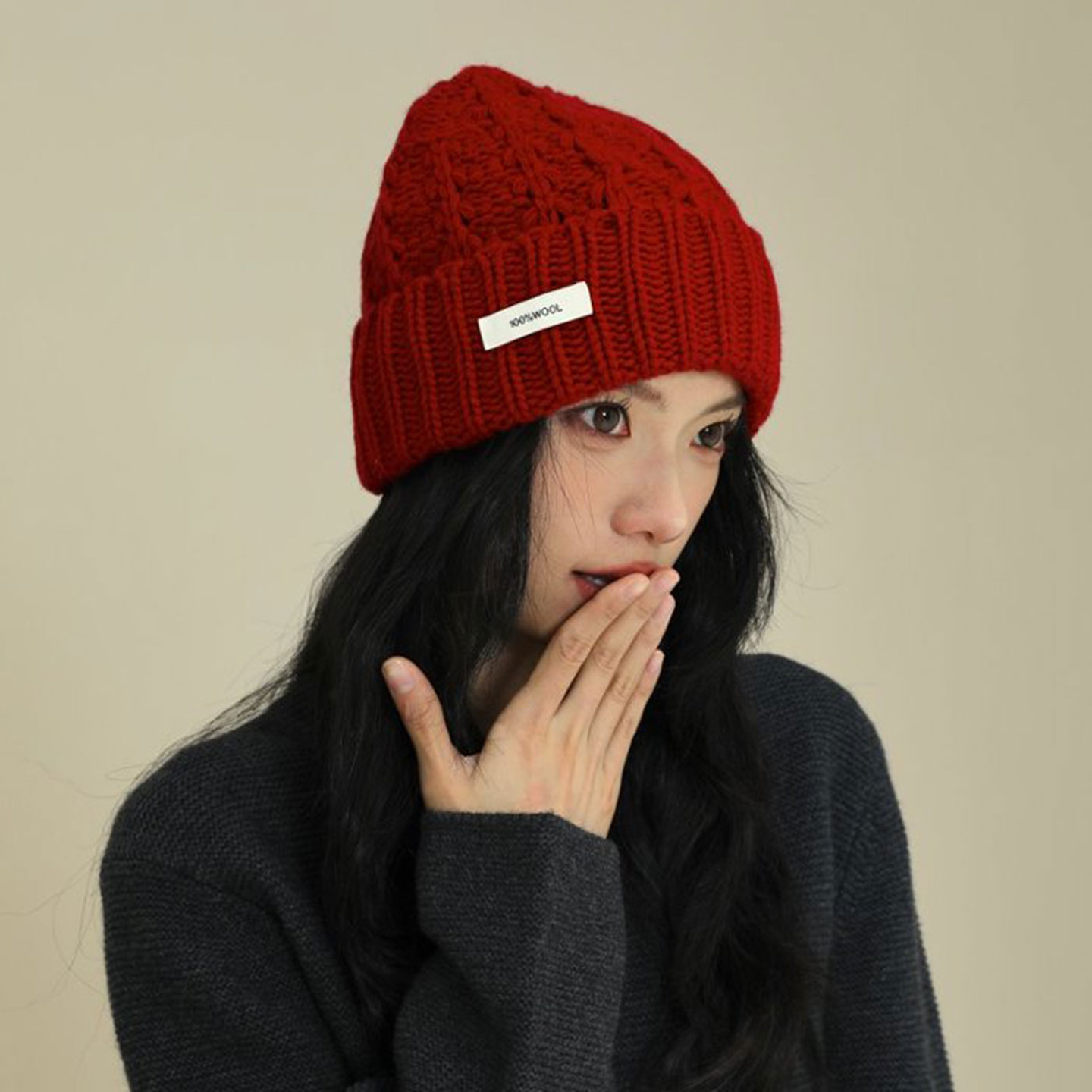 韩版红色麻花纹护耳针织帽女秋冬