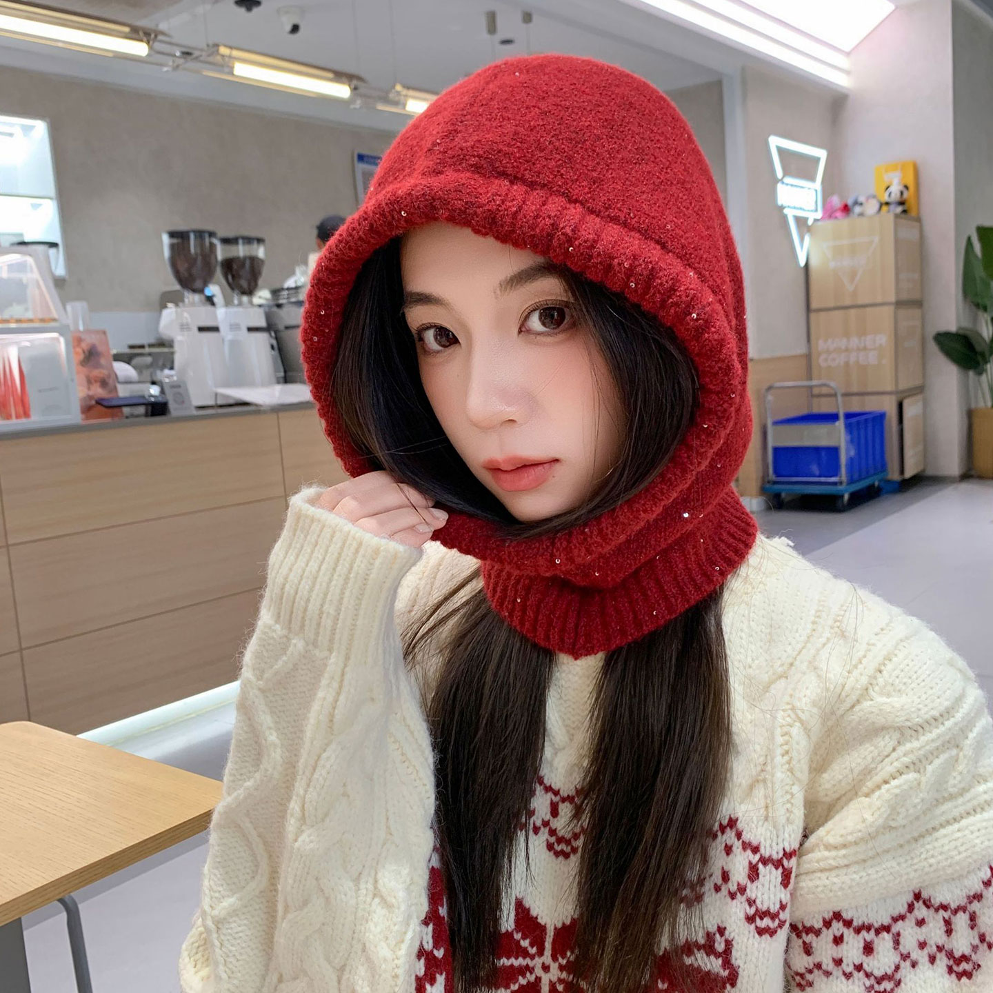 巴拉克拉法红色毛线帽女冬季帽子