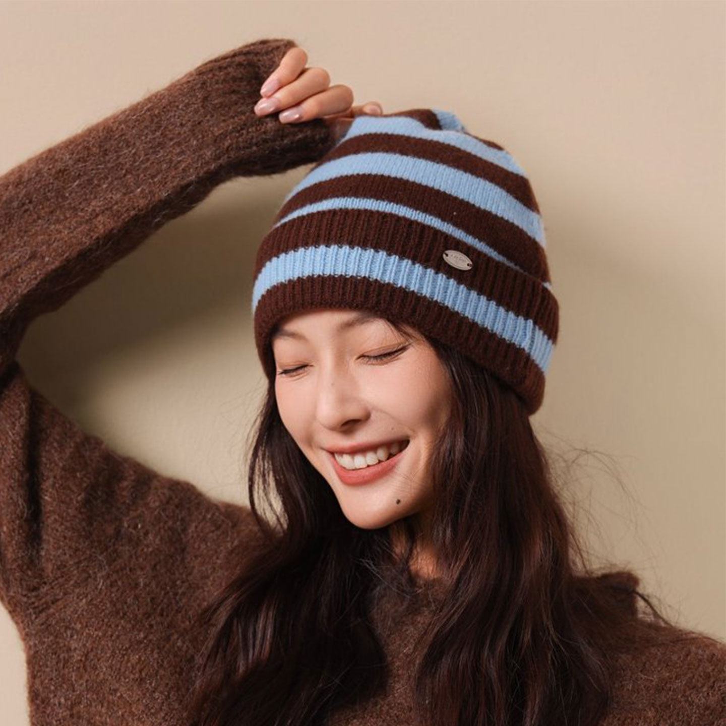 秋冬女款条纹撞色保暖针织帽休闲