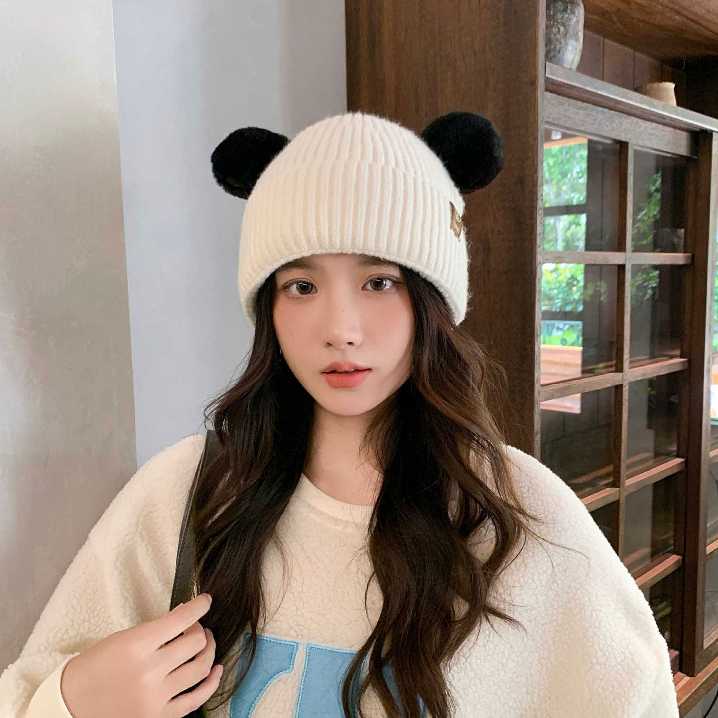 可爱小熊耳朵毛绒帽子女秋冬季保暖护耳针织帽显脸小防寒套头冷帽