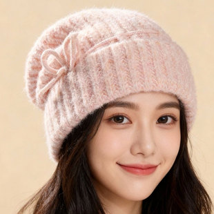 针织堆堆帽女秋冬蝴蝶结包头帽加厚保暖粉色毛线帽大头围卷边护耳