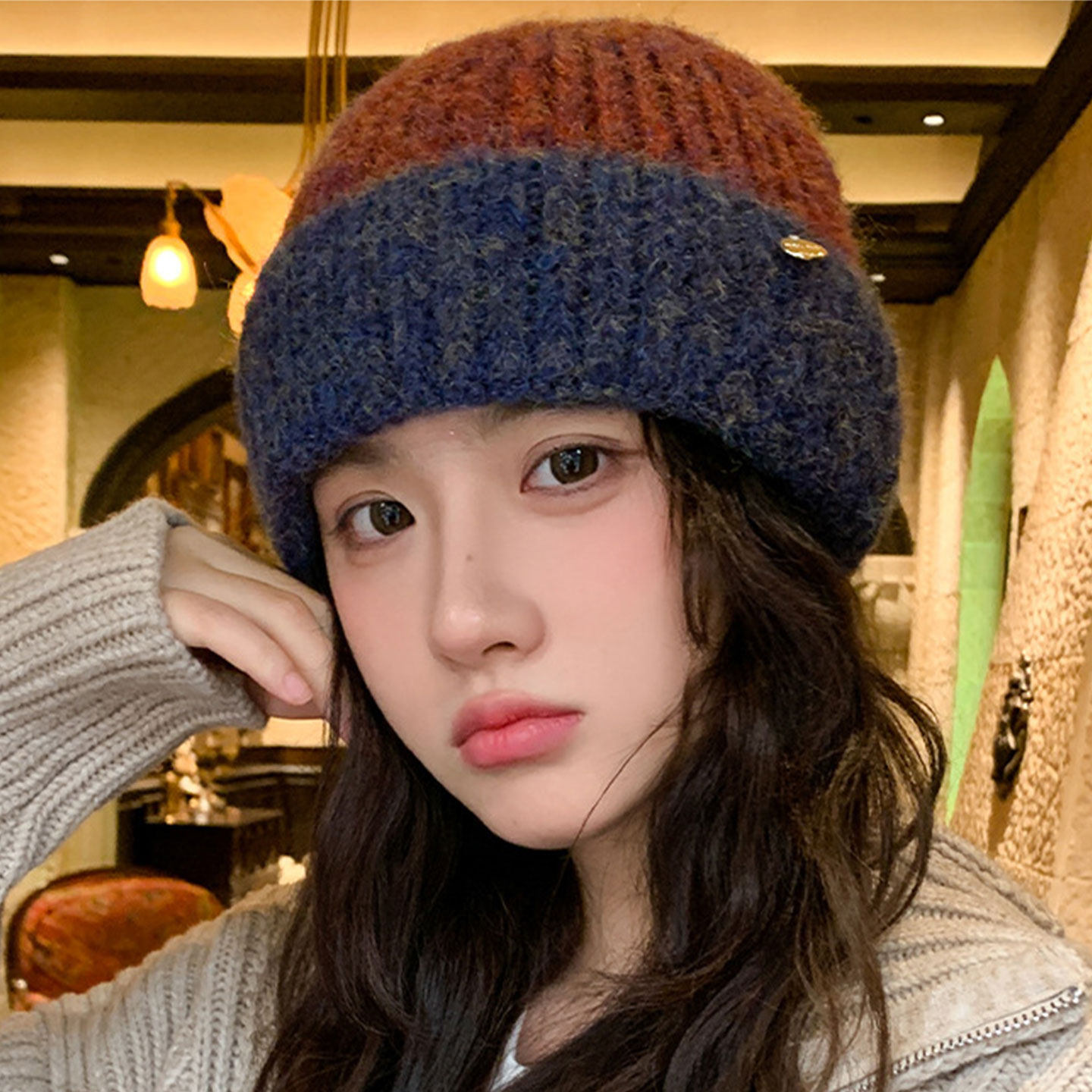 冬季拼色针织保暖护耳帽女毛线帽