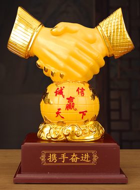 创意携手奋进握手摆件商务办公室客厅玄关装饰品金色家居工艺礼品