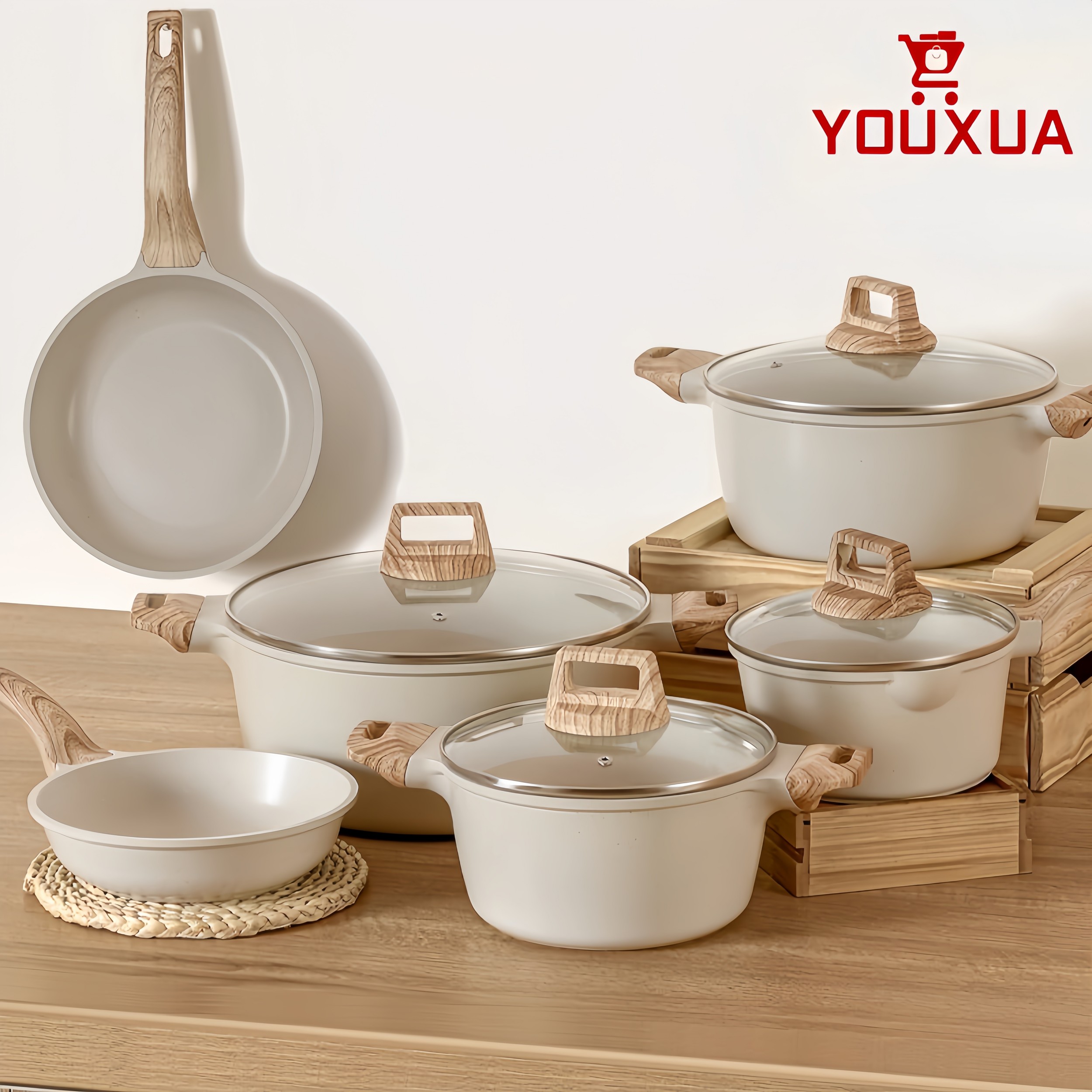 日本YOUXUA麦饭石锅具套装全套家用煎锅汤锅不沾锅炒锅厨具三件套