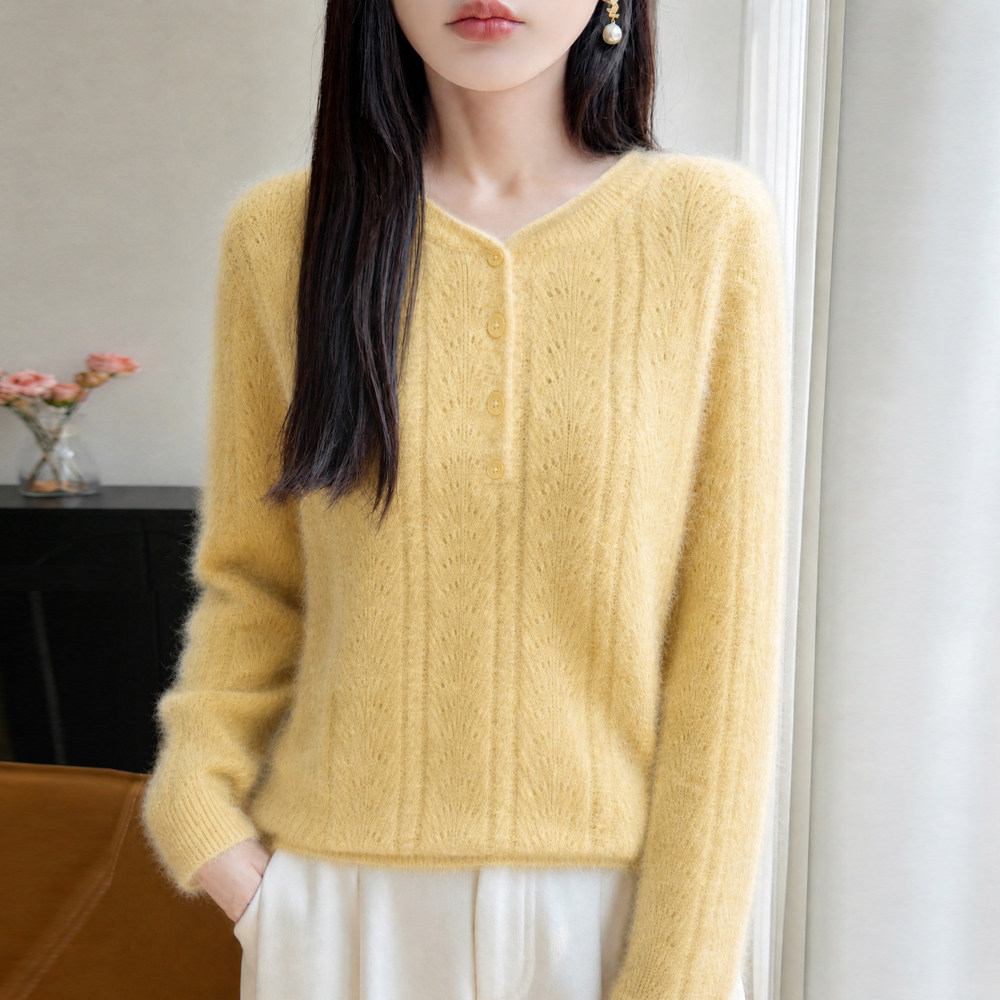 秋冬季半开领纽扣套头针织衫女士毛针织衫